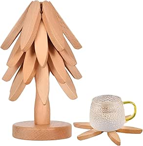 Handcrafted Wooden Pine Tree Ornament Wooden Coaster Decor Table Protection Novelty Statue Tree Shaped Nonslip Pad Brown