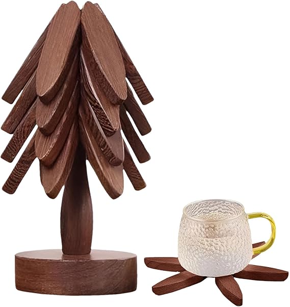 Handcrafted Wooden Pine Tree Ornament Wooden Coaster Decor Table Protection Novelty Statue Tree Shaped Nonslip Pad Brown