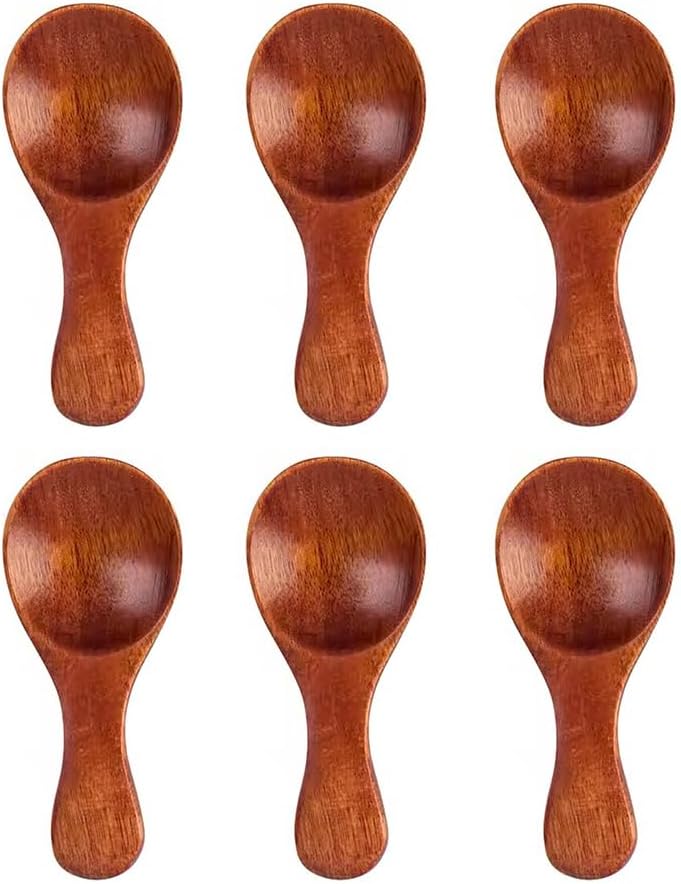 6 pcs Small Wooden Spoons, 4inch Small Wooden Spoons for Honey, Brown Mini Wood Teaspoons for Tiny Eating Ice Cream Jars Spice Condiments Tea Bath Salt Coffee Sugar Jam Mustard Seasoning