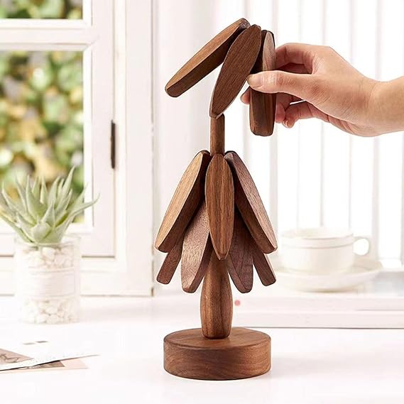 Handcrafted Wooden Pine Tree Ornament Wooden Coaster Decor Table Protection Novelty Statue Tree Shaped Nonslip Pad Brown