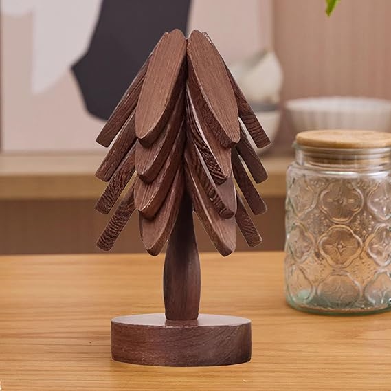 Handcrafted Wooden Pine Tree Ornament Wooden Coaster Decor Table Protection Novelty Statue Tree Shaped Nonslip Pad Brown