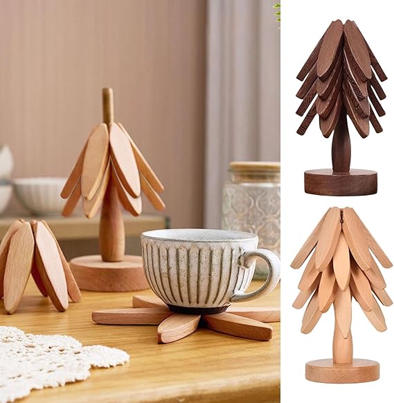Handcrafted Wooden Pine Tree Ornament Wooden Coaster Decor Table Protection Novelty Statue Tree Shaped Nonslip Pad Brown