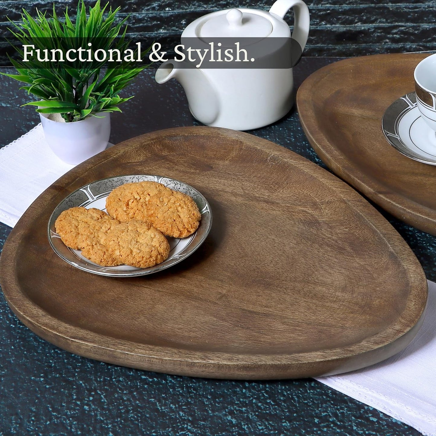 Handcrafted Wooden Almond Shape serving & Decorative Tray Pack Of 2
