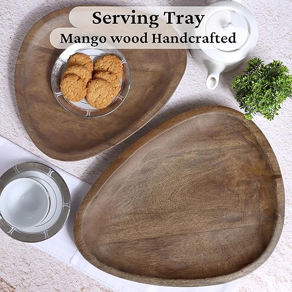 Handcrafted Wooden Almond Shape serving & Decorative Tray Pack Of 2